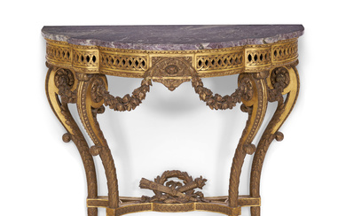 A FRENCH GILTWOOD CONSOLE TABLE WITH A GREY MARBLE TOP...