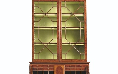 A GEORGE III BURR-YEW, MAHOGANY AND ENGRAVED MARQUETRY SECRETAIRE-BOOKCASE