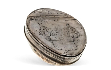 A George III white-metal mounted cowrie shell snuff box, late 19th/early 19th century, the hinged cover with coat-of-arms and initials EG, 6.6 long