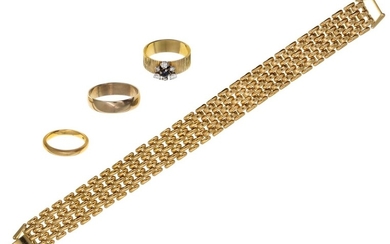 A Group of Jewelry An 18 carat reeded gold band set with a central sapphire and a cluster of di...