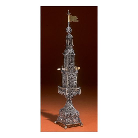 A LARGE PARCEL-GILT SILVER FILIGREE SPICE TOWER, GALICIAN, 18TH CENTURY