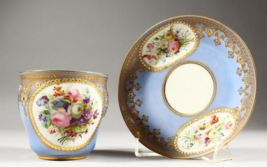 A LARGE VERY GOOD SEVRES CUP AND SAUCER, pale blue