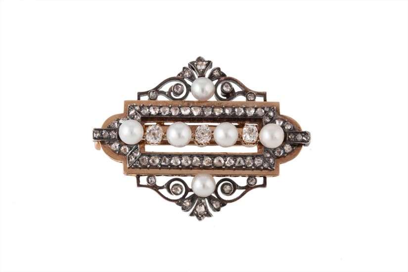 A LATE VICTORIAN DIAMOND AND CULTURED PEARL BROOCH, mounted ...