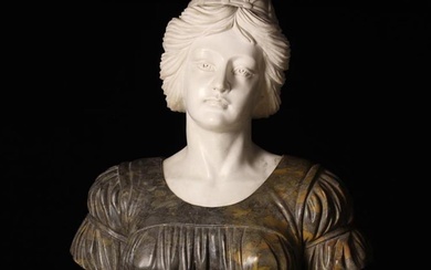 A Bicolour Marble Bust of a Lady carved from white marble with a lattice head-dress
