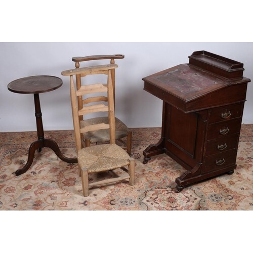 A MAHOGANY DAVENPORT together with two vintage rush seat cha...