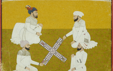 A PAINTING OF A RAJA AND HIS COURTIERS PLAYING CHAUPAR INDIA, PUNJAB HILLS, GULER OR BASOHLI, CIRCA 1720-50