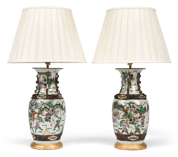 A PAIR OF CHINESE FAMILLE VERTE PORCELAIN VASES, MOUNTED AS LAMPS, 20TH CENTURY