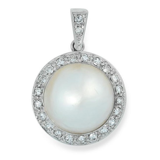 A PEARL AND DIAMOND CLUSTER PENDANT set with a pearl of