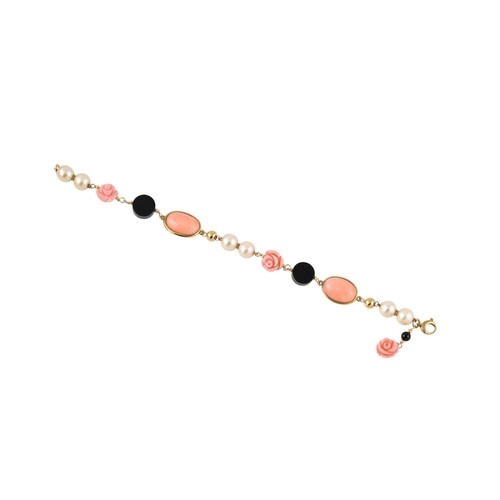 A PEARL AND PINK CORAL BRACELET, carved coral roses, in yell...