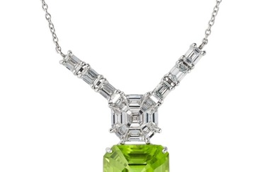 A PERIDOT AND DIAMOND PENDANT NECKLACE the pendant comprising an illusion set cluster of octagonal