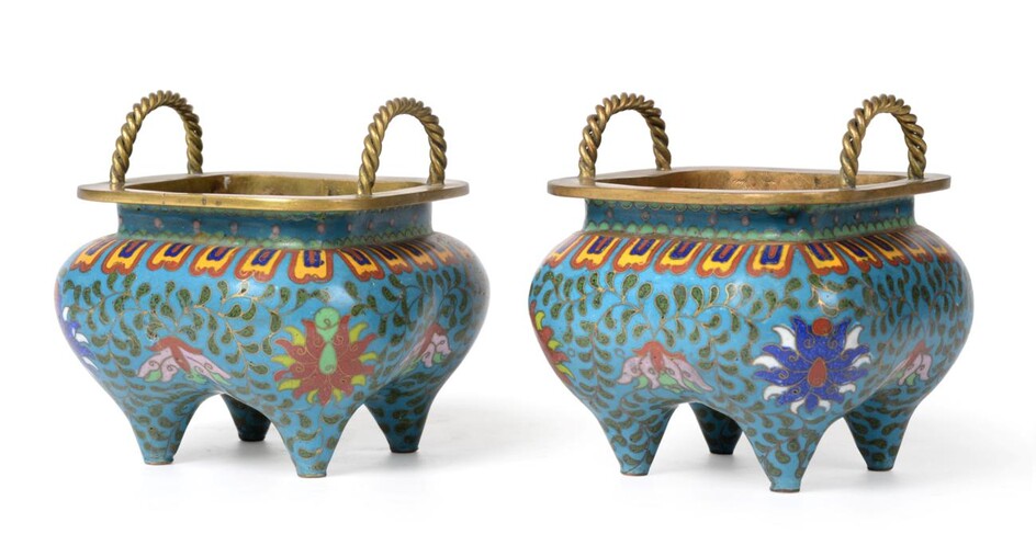 A Pair of Chinese Cloisonné Enamel Incense Burners, possibly Qianlong, of square section...