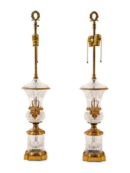 A Pair of Empire Style Gilt Metal and Cut Glass Vases Mounted as Lamps