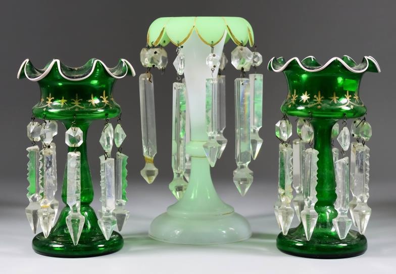 A Pair of Green Glass Lustre Vases, 19th Century,...