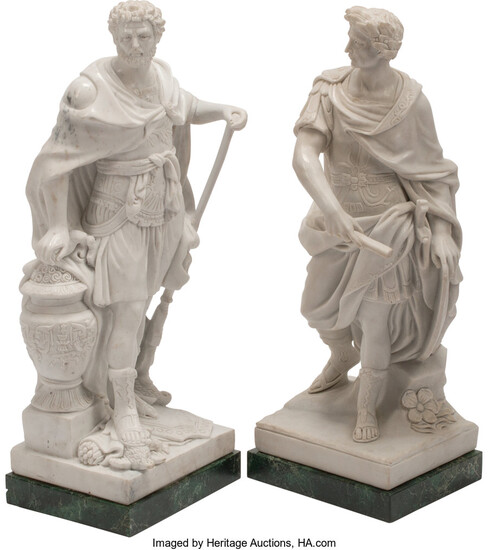 A Pair of Italian Carved Carrara Marble Figures of Roman Generals on Painted Wood Bases