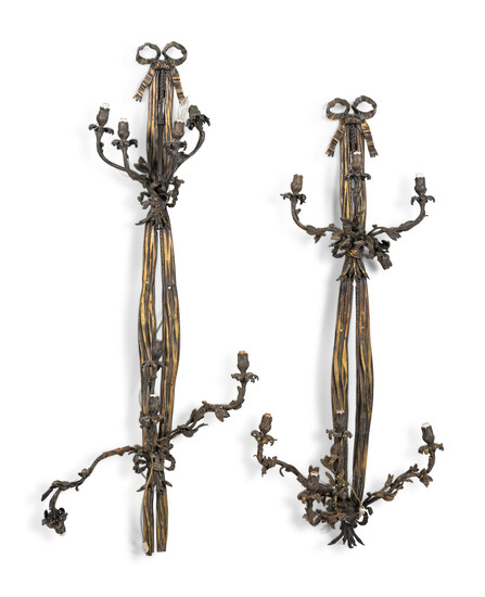 A Pair of Large Louis XVI Style Bronze Seven-Light Sconces
