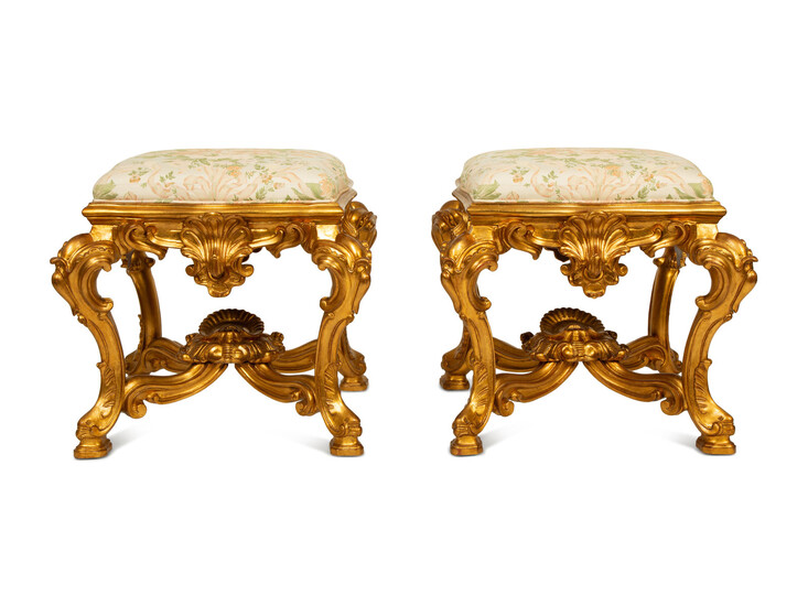 A Pair of Louis XVI Style Gilt Gessoed Taborets