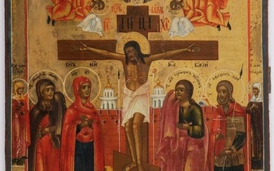 A RUSSIAN ICON OF THE CRUCIFIXION, 19TH C