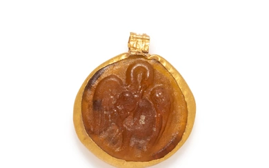 A Roman Gold and Glass Pendant with the Princess Leda and the Swan