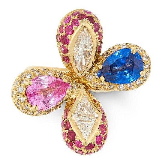 A SAPPHIRE, RUBY AND DIAMOND DRESS RING in 18ct yellow