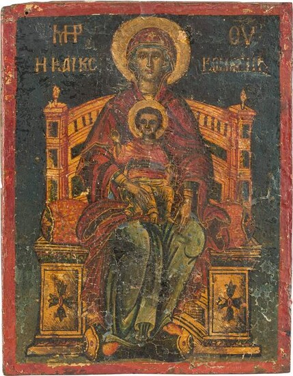 A SMALL ICON SHOWING THE ENTHRONED MOTHER OF GOD WITH
