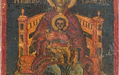 A SMALL ICON SHOWING THE ENTHRONED MOTHER OF GOD WITH...