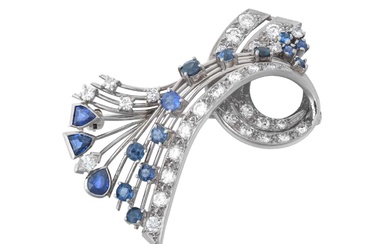 A Sapphire and Diamond Brooch modelled as a ribbon motif,...