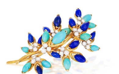 A TURQUOISE, LAPIS LAZULI AND DIAMOND BROOCH, BY VAN CLEEF &...