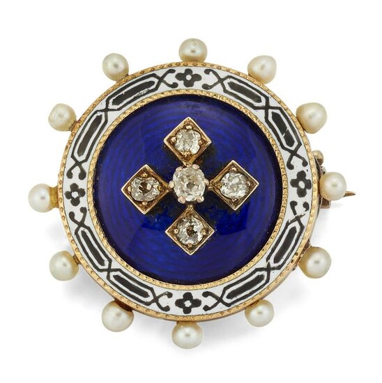 A VICTORIAN DIAMOND, PEARL AND ENAMEL BROOCH, the round