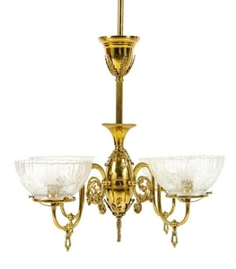 A Victorian Brass and Etched Glass Gasoline Chandelier Converted to Electric