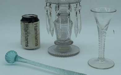 A Victorian glass lustre candle stick together with a Georgian air twist wine glass and a glass suga