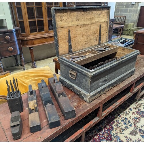 A Victorian pine carpenters chest and tools to include beech...
