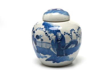 A blue and white porcelain covered tea caddy painted with noblemen and attendants in the garden