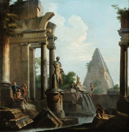 A capriccio of classical ruins with the Pyramid of Cestius beyond, Studio of Gian Paolo Panini