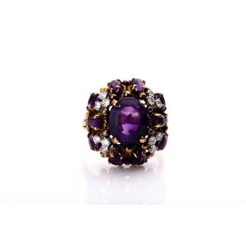 A diamond and amethyst cluster cocktail ring, the raised mou...