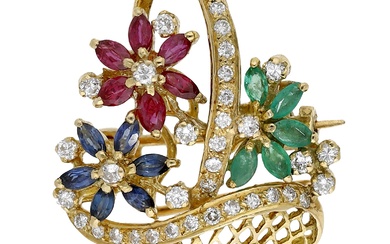 A gem-set giardinetto brooch, the openwork basket set throughout with brilliant-cut diamonds,...