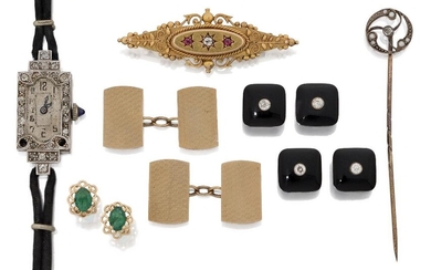 A group of jewellery comprising: a ladies' wristwatch with diamond-set bezel to blue gem crown and rope bracelet, case stamped platinum, bracelet length approx. 17cm; a pair of 9ct gold cufflinks, with engine turned panels to chain link...