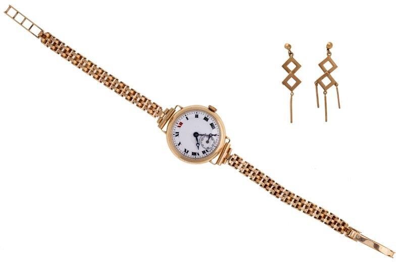 A lady's 9ct gold wristwatch, by Longines; and pair of 9ct gold earrings, the wristwatch with circular white enamel dial Roman black numerals, subsidiary seconds and blued steel hands, jewelled lever movement signed Longines, to a 9ct gold...