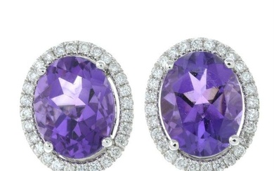 A pair of 18ct gold amethyst and diamond cluster earrings.