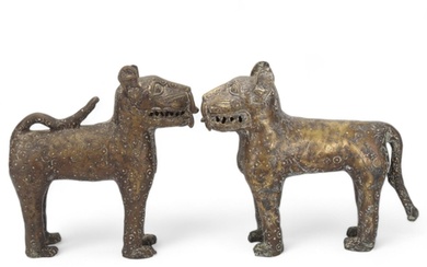 A pair of African bronze leopard figures, probably 19th cent...