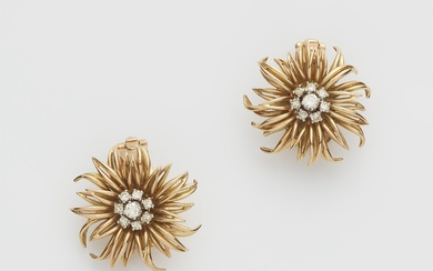 A pair of American 18k gold and diamond Retro style chrysanthemum clip earrings.