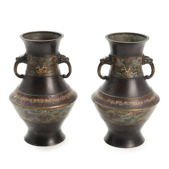 A pair of Chinese patinated bronze and cloisonné enamel vases. C. 1900. H. 30 cm. (2)