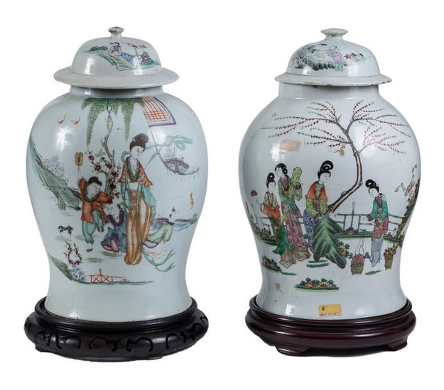A pair of Chinese porcelain jars with wood...
