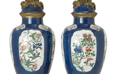A pair of Chinese powder-blue ground famille verte jars and covers, 18th century, each painted to the body with four panels of leafy blossoming branches, the shoulder with four further cartouches of floral motifs, later ormolu mounts, 58cm high...