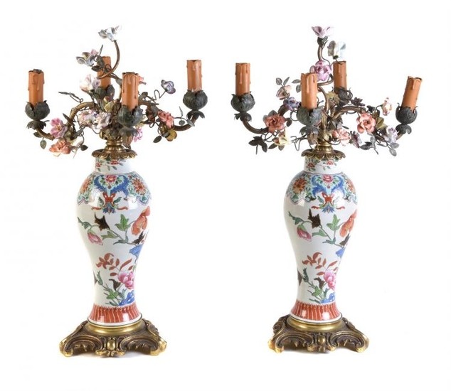 A pair of French famille rose gilt-metal-mounted four-light baluster flower-encusted lamps of Edme Samson type