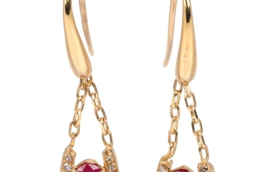 A pair of Italian 18ct gold ruby and diamond marquise drop e...