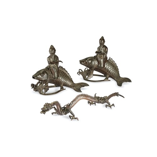 A pair of Meiji period patinated bronze censers depicting Eb...