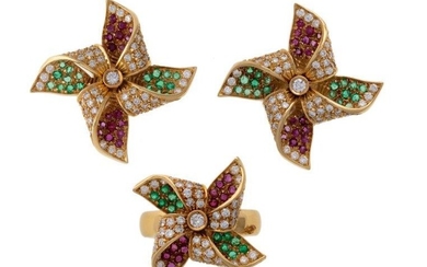 A pair of diamond and gem earrings and ring, by Stern, each earring modelled as a pave diamond, ruby and emerald set articulated toy windmill, clip and post fittings, each with maker's mark for H. Stern, and a matching ring signed Etoile and...