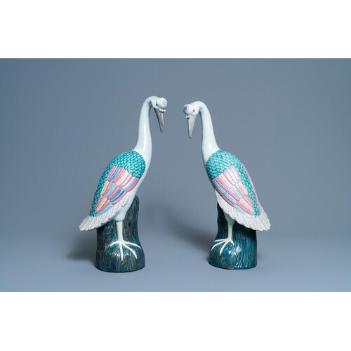 A pair of large Chinese famille rose models of cranes, 20th ...