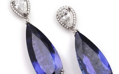 A pair of tanzanite and diamond ear pendants with a pear-shaped tanzanite and a pear-shaped and brilliant-cut diamonds, mounted in 18k white gold. F-G/IF-VVS.