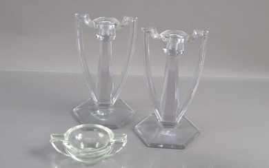 A pair of trophy shaped Davidson 'Chippendale' Art Deco style crystal candlesticks